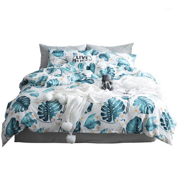 green palm musa monstera tropical leaves bedding set full size cotton printed duvet cover flat sheets or fitted sheets1