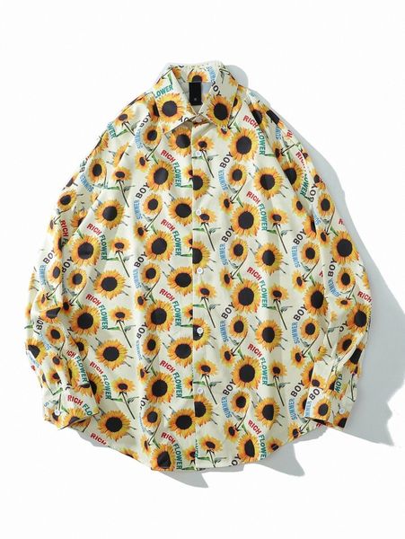 men slogan and sunflower print shirt 21yk#, White;black
men slogan and sunflower print shirt 21yk#, White;black