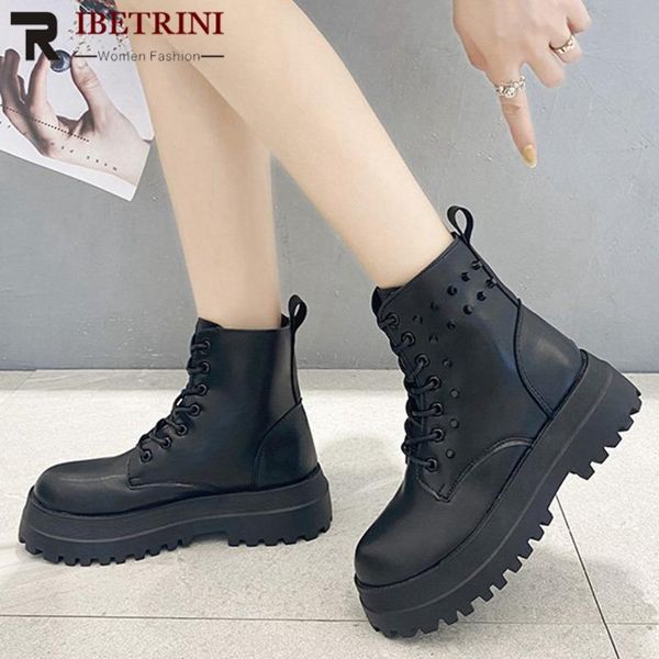 boots ribetrini women fashion platform lace up ankle shoes chunky heel rivet brand motocycle, Black