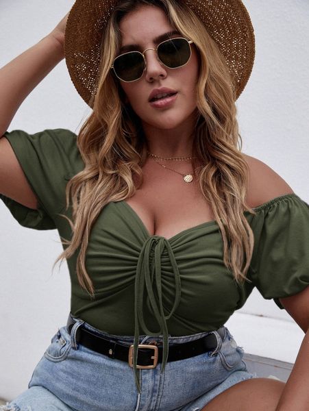 plus off-the-shoulder drawstring front tee 62jf#, Black
plus off-the-shoulder drawstring front tee 62jf#, Black