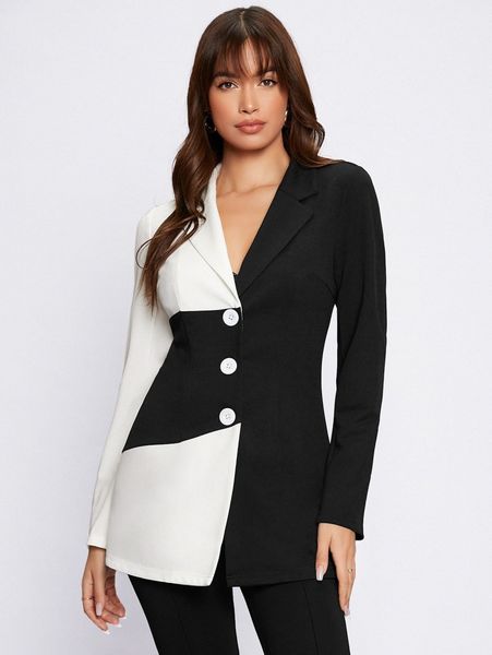 colorblock single breasted blazer c4ou#, White;black 
colorblock single breasted blazer c4ou#, White;black