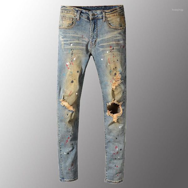 new men's painted holes ripped torn denim jeans vintage blue distressed stretch denim pants slim fit male jeans 401
new men's painted holes ripped torn denim jeans vintage blue distressed stretch denim pants slim fit male jeans 401