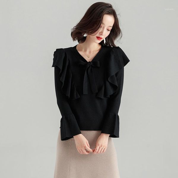 long-sleeved shirt women's autumn 2019 new ruffled sweet sweater trumpet sleeve bow sweater gray1, White;black
long-sleeved shirt women's autumn 2019 new ruffled sweet sweater trumpet sleeve bow sweater gray1, White;black