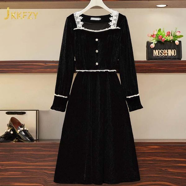 black velvet long dress autumn women full sleeve lace patchwork elegant plus size dresses lady single-breasted casual clothing, Black;gray
black velvet long dress autumn women full sleeve lace patchwork elegant plus size dresses lady single-breasted casual clothing, Black;gray
