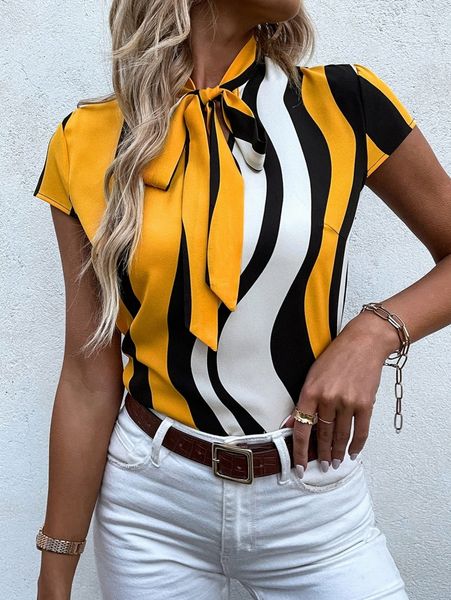 block striped tie neck blouse d5q2#, White
block striped tie neck blouse d5q2#, White
