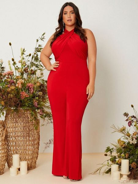 plus halterneck open back jumpsuit s2vf#, Black 
plus halterneck open back jumpsuit s2vf#, Black