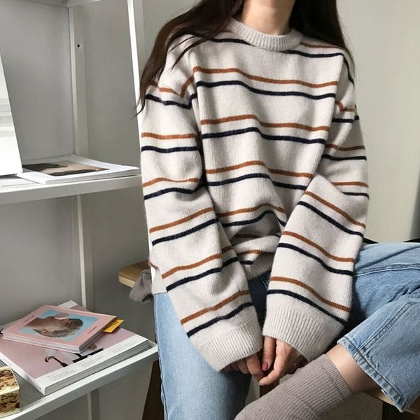 autumn and winter new korean women's round neck pullover sweater women's chic pullover striped sweater loose lazy students wear ou, White;black
autumn and winter new korean women's round neck pullover sweater women's chic pullover striped sweater loose lazy students wear ou, White;black