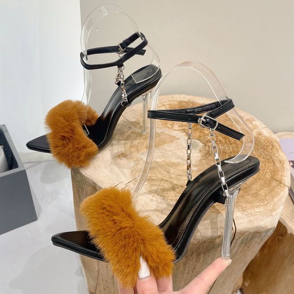 fashion furry sandals women crystal transparent high-heeled shoes pointed toe chain design stiletto party sandals, Black
fashion furry sandals women crystal transparent high-heeled shoes pointed toe chain design stiletto party sandals, Black