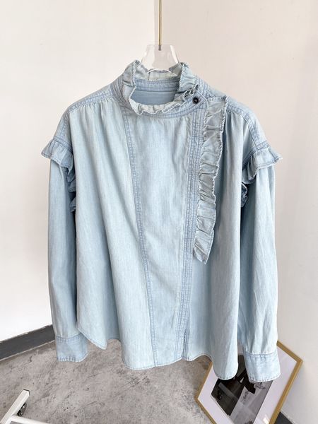 women blouse early autumn denim shirt with lotus leaf collar design women 201126, White
women blouse early autumn denim shirt with lotus leaf collar design women 201126, White