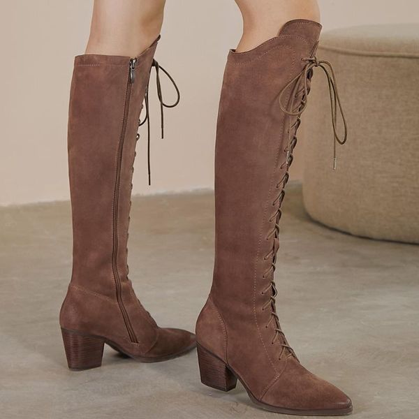 plus size 34-42 women's natural suede leather thick heel pointed toe lace-up winter warm plush knee high knight boots long shoes, Black
plus size 34-42 women's natural suede leather thick heel pointed toe lace-up winter warm plush knee high knight boots long shoes, Black