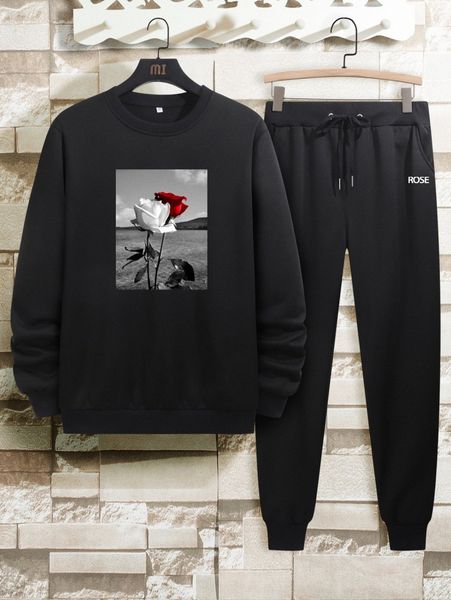 men flower print sweatshirt & sweatpants m0io#, Gray 
men flower print sweatshirt & sweatpants m0io#, Gray