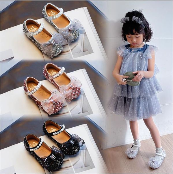kids girls shoes butterfly-knot sparkling diamond children girls shoes birthday gifts ballet flats soft sole baby shoes, Black;red