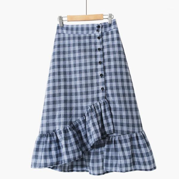plaid skirts womens spring basic ruffles high waist single-brested females skirt ladies a-line elegant pink blue daily sundress1, Black