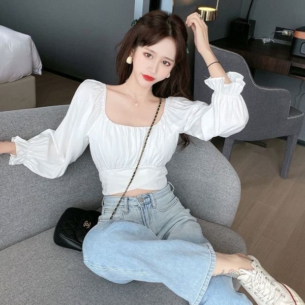 2020 autumn new style square neck slim bandage long sleeve temperament french short shirt women's wear
2020 autumn new style square neck slim bandage long sleeve temperament french short shirt women's wear