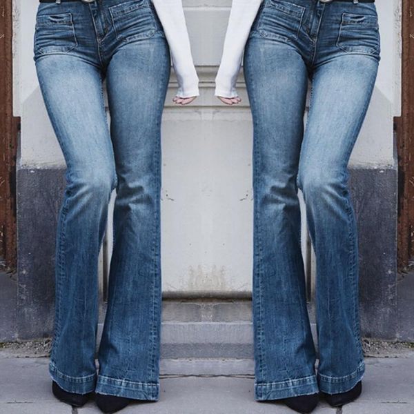 2021 new solid colour pockets high-waisted elasticity slimming skinny jeans women's fashional vintage casual bell-bottom pants, Blue 
2021 new solid colour pockets high-waisted elasticity slimming skinny jeans women's fashional vintage casual bell-bottom pants, Blue