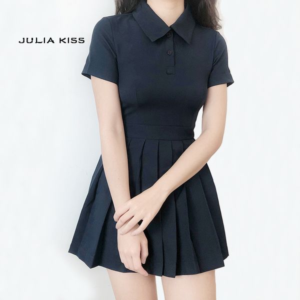 women polo neck fit and flare mini dress, Black