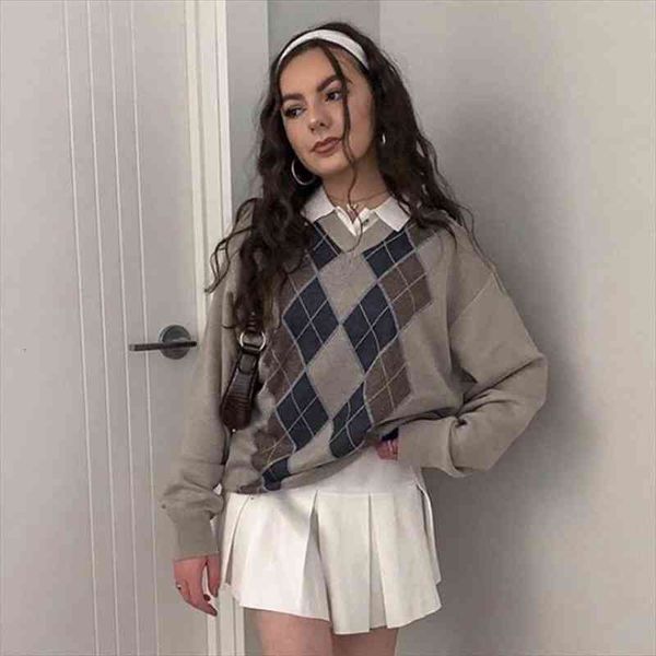 preppy style argyle plaid v neck sweater women autumn casual y2k jumper female korean fashion winter pullover vintage clothes, White;black
preppy style argyle plaid v neck sweater women autumn casual y2k jumper female korean fashion winter pullover vintage clothes, White;black