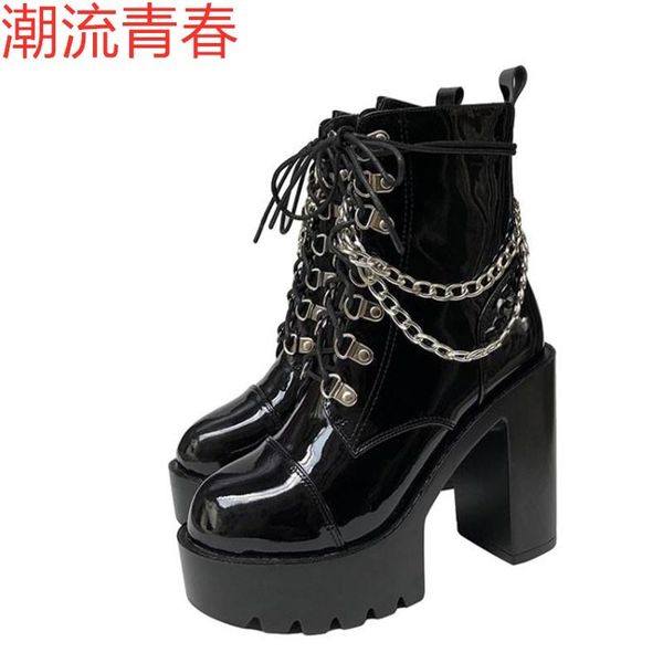 boots fashion women black high heels spring autumn lace-up high-female with round head metal chain
boots fashion women black high heels spring autumn lace-up high-female with round head metal chain