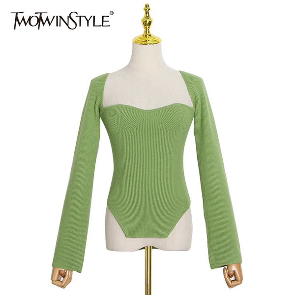 twotwinstyle knitted slim pullovers for women square collar long sleeve irregular hem solid minimalist sweater female 2020 new lj201114, White;black
twotwinstyle knitted slim pullovers for women square collar long sleeve irregular hem solid minimalist sweater female 2020 new lj201114, White;black