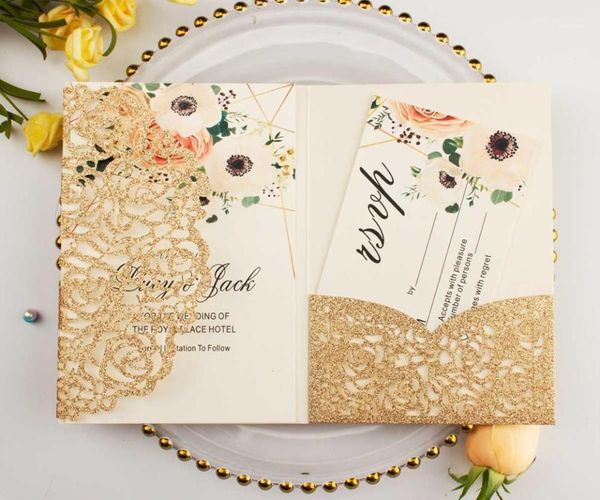 100x glitter gold wedding invitations envelope personalized inserts rose laser cutting pocket fold invite1
100x glitter gold wedding invitations envelope personalized inserts rose laser cutting pocket fold invite1