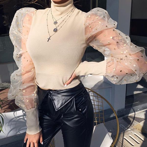 high neck mesh puff sleeve dot blouse women patchwork cropped elegant 2020 fashion spring elastic slim ladies top, White
high neck mesh puff sleeve dot blouse women patchwork cropped elegant 2020 fashion spring elastic slim ladies top, White