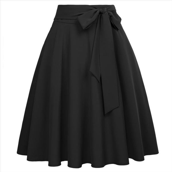 

skater skirts womens vintage classy solid color high waist self-tie bow-knot embellished knee big swing a-line harajuku skirt, Black