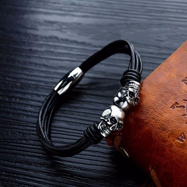 charm bracelets men's titanium steel skull bracelet halloween personality simple multi layer leather rope, Golden;silver
charm bracelets men's titanium steel skull bracelet halloween personality simple multi layer leather rope, Golden;silver