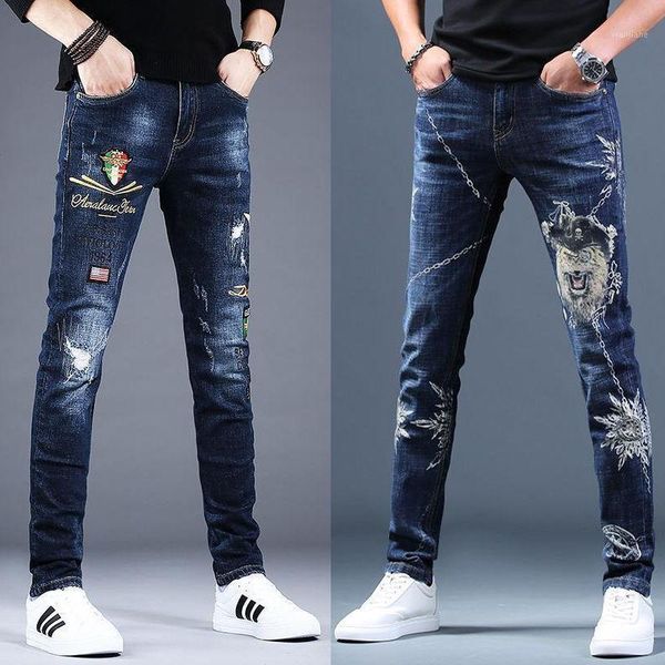men's printed ripped jeans stretch casual trousers new autumn personality youth popular slim pants1, Blue
men's printed ripped jeans stretch casual trousers new autumn personality youth popular slim pants1, Blue