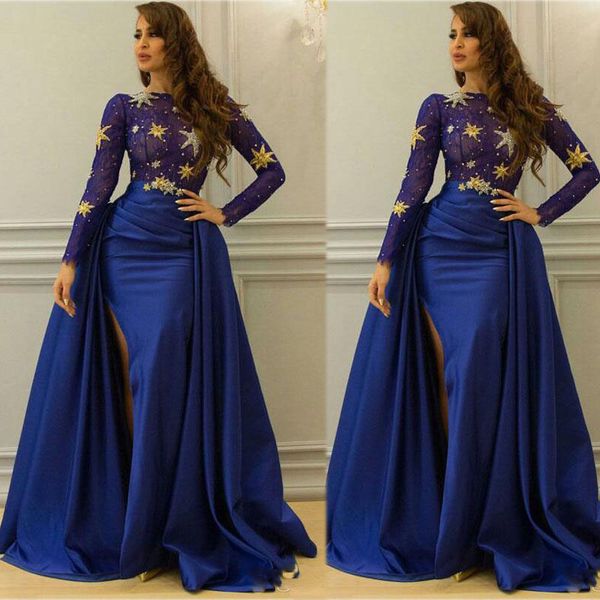 royal blue overskirt lace dresses evening wear with long sleeve bateau neck arabic split side evening gowns dubai beaded formal prom dress, Black
royal blue overskirt lace dresses evening wear with long sleeve bateau neck arabic split side evening gowns dubai beaded formal prom dress, Black
