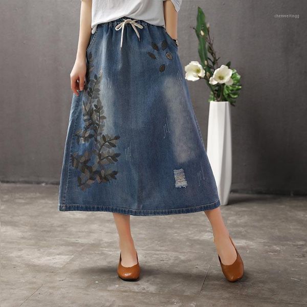 ripped vintage art midi denim skirts women plus size floral embroidery elastic high waist loose casual female maxi skirts jeans1, Black
ripped vintage art midi denim skirts women plus size floral embroidery elastic high waist loose casual female maxi skirts jeans1, Black