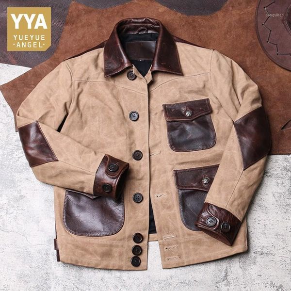 vintage mens cargo coat pockets canvas patchwork cow genuine leather jacket male retro safari style slim fit short outwear coat1, Black
vintage mens cargo coat pockets canvas patchwork cow genuine leather jacket male retro safari style slim fit short outwear coat1, Black