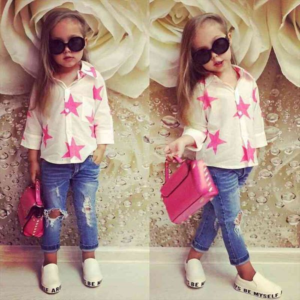 fashion style for baby girls of long sleeves shirt with stars printed jeans autumn summer sets children clothes suit, White
fashion style for baby girls of long sleeves shirt with stars printed jeans autumn summer sets children clothes suit, White