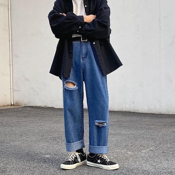 men's jeans 2021 spring and autumn youth loose large size solid color ripped fashion casual wild straight-leg pants, Blue
men's jeans 2021 spring and autumn youth loose large size solid color ripped fashion casual wild straight-leg pants, Blue