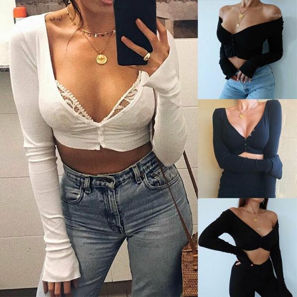 women summer casual pullover vest buttons deep v neck long sleeve crop shirt new1, White 
women summer casual pullover vest buttons deep v neck long sleeve crop shirt new1, White