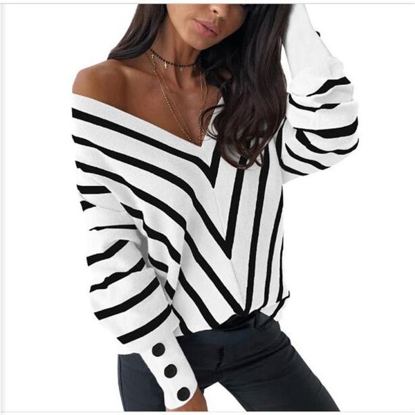 women's sweaters autumn 2021 women v-neck striped dew shoulder long sleeve kniting pullovers streetwear casual loose sweater black whit, White;black
women's sweaters autumn 2021 women v-neck striped dew shoulder long sleeve kniting pullovers streetwear casual loose sweater black whit, White;black