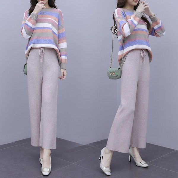 2021 autumn new fashion knitting women's set trousers suit knitting tracksuit striped sweater wide legs pants 2 piece set y209, Gray
2021 autumn new fashion knitting women's set trousers suit knitting tracksuit striped sweater wide legs pants 2 piece set y209, Gray