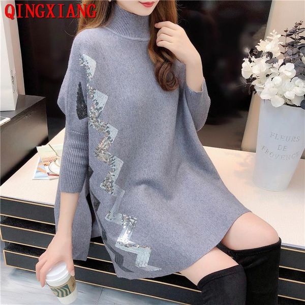 6 colors 2021 black long knitted solid sweater women high neck three quarter sleeves poncho spring autumn sequin loose pullover, White;black
6 colors 2021 black long knitted solid sweater women high neck three quarter sleeves poncho spring autumn sequin loose pullover, White;black