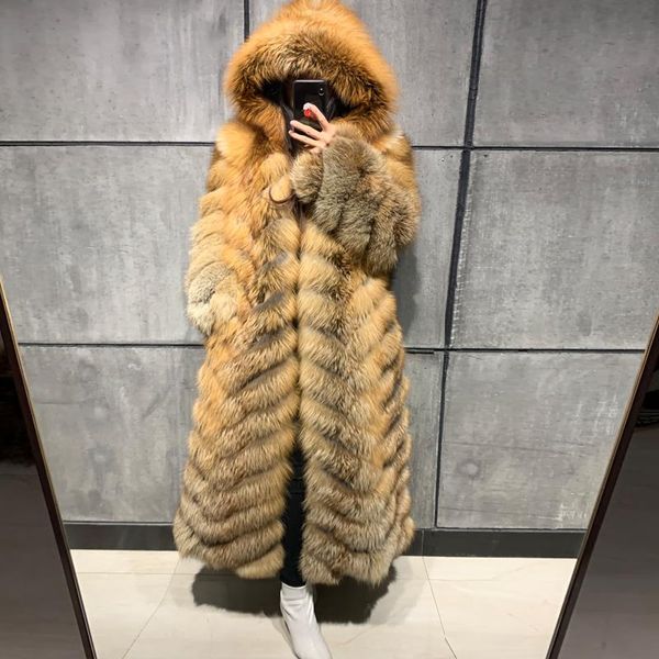 women's fur & faux natural long sleeve ladies hooded women real coat x-long, Black