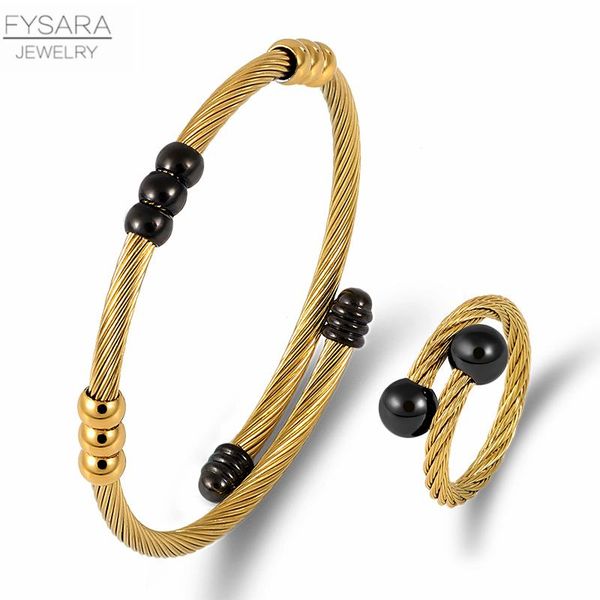 fysara twist провода кабеля комплект ювелирных изделий из нержавеющей стали моды манжеты браслеты кольца женщины мужчины партии с бортовая п, Black 
fysara twist провода кабеля комплект ювелирных изделий из нержавеющей стали моды манжеты браслеты кольца женщины мужчины партии с бортовая п, Black