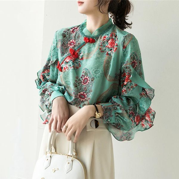 chinese style floral ruffles shirt vintage elegant printed lantern sleeve chiffon qipao women national outfit, White
chinese style floral ruffles shirt vintage elegant printed lantern sleeve chiffon qipao women national outfit, White