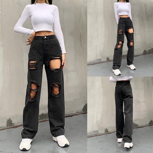 women's jeans ripped high waist women denim pants ladies straight trousers washed slimming autumn casual female, Blue 
women's jeans ripped high waist women denim pants ladies straight trousers washed slimming autumn casual female, Blue