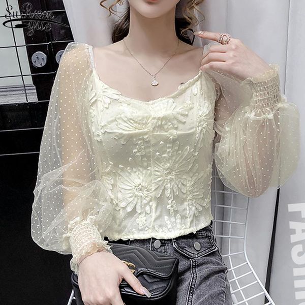 women's blouses & shirts 2021 early autumn mesh stitching polka dot lantern long sleeve fashion slim slash neck cotton chemisier 11420, White 
women's blouses & shirts 2021 early autumn mesh stitching polka dot lantern long sleeve fashion slim slash neck cotton chemisier 11420, White