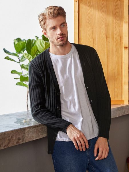 men ribbed knit button front cardigan g7y3#, White;black 
men ribbed knit button front cardigan g7y3#, White;black