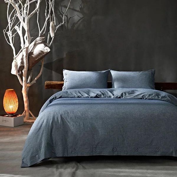 4pcs linen and cotton fabric pure bed set blue pink duvet cover set size bedding king bed sheets