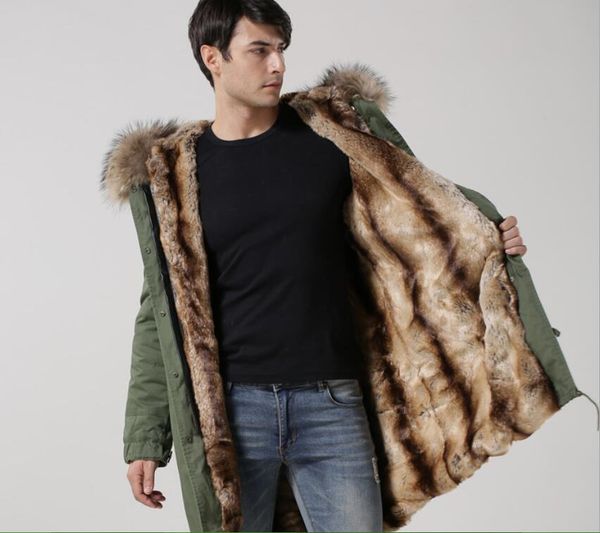 cold resistant outdoor brown raccoon fur trim meifeng brand brown khaki vertical stripes rabbit fur lining army canvas long men parka, Black 
cold resistant outdoor brown raccoon fur trim meifeng brand brown khaki vertical stripes rabbit fur lining army canvas long men parka, Black