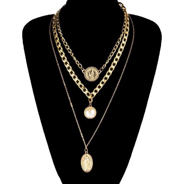 

Multi Layered Pearl Choker Necklace Collar Statement Punk Virgin Mary Coin Crystal Pendant Necklace Women Jewelry