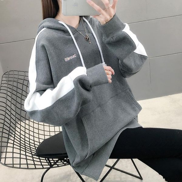 fashion women's sweater 2020 autumn and winter new plus velvet thick loose mid-length color matching hooded sweater, Black
fashion women's sweater 2020 autumn and winter new plus velvet thick loose mid-length color matching hooded sweater, Black