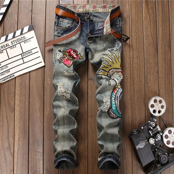 men's jeans autumn with ripped holes distressed embroidery chinese patch cotton slim-fit straight, Blue
men's jeans autumn with ripped holes distressed embroidery chinese patch cotton slim-fit straight, Blue