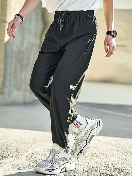 men letter patched detail drawstring hem pants w1wf#, Black 
men letter patched detail drawstring hem pants w1wf#, Black