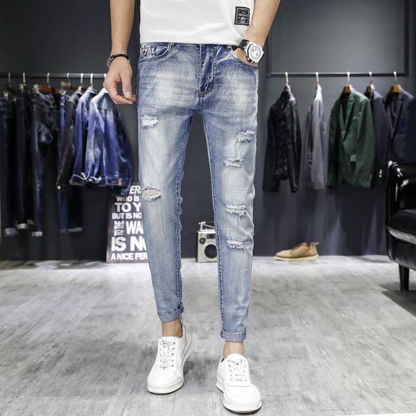 and summer 2021 han edition feet hole elastic jeans men's joker cultivate morality nine minutes of pants, Blue
and summer 2021 han edition feet hole elastic jeans men's joker cultivate morality nine minutes of pants, Blue